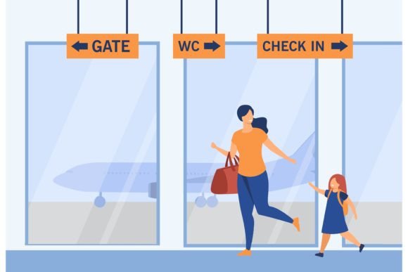 Capturing Travel Joy: The Smiling Mother and Girl Running in Airport Illustration