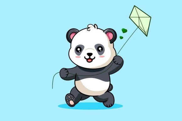 Cute Cartoon Panda Flying a Kite: A Kawaii Design Asset