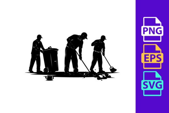 Silhouette of Three Workers Cleaning: A Modern Vector Asset